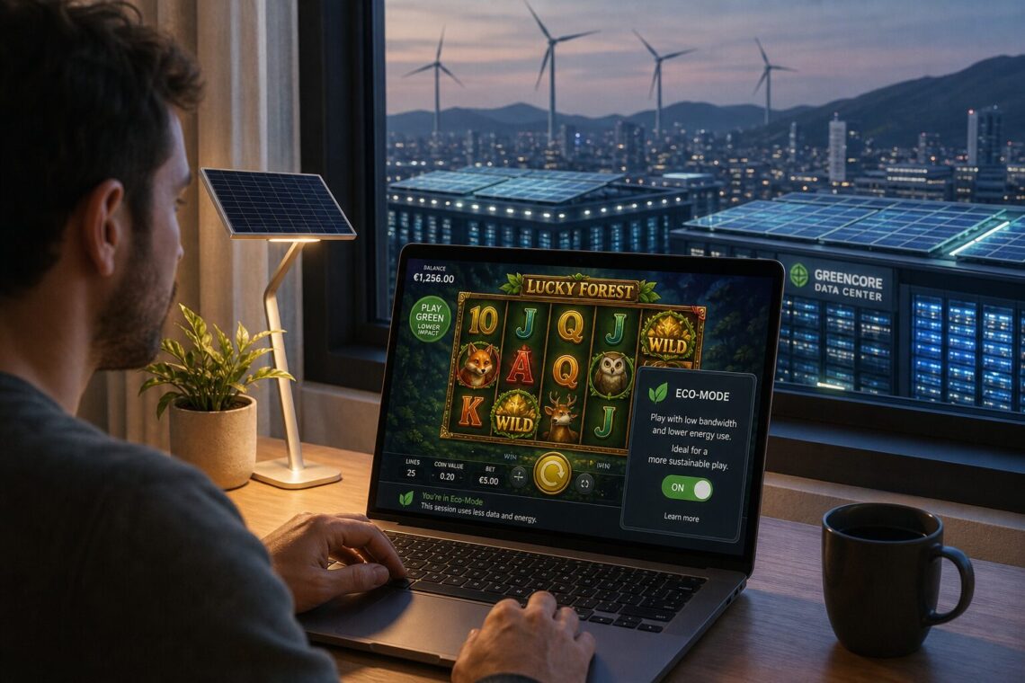A realistic, high-resolution scene showing a person at home in soft evening light using a laptop to play online slot games. Nearby, a small potted plant and a solar-powered desk lamp sit on the desk, symbolizing sustainability. In the background through a window, a city skyline features data center buildings with subtle green-tinted rooftop solar arrays and wind turbines on distant hills. On the laptop screen, a colorful slot interface displays spinning reels next to a tiny sustainability badge and a pop-up offering an 'eco-mode' low-bandwidth option. The composition balances human leisure and visible signals of renewable infrastructure, with warm domestic tones contrasted by cool technological blues.