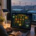 A realistic, high-resolution scene showing a person at home in soft evening light using a laptop to play online slot games. Nearby, a small potted plant and a solar-powered desk lamp sit on the desk, symbolizing sustainability. In the background through a window, a city skyline features data center buildings with subtle green-tinted rooftop solar arrays and wind turbines on distant hills. On the laptop screen, a colorful slot interface displays spinning reels next to a tiny sustainability badge and a pop-up offering an 'eco-mode' low-bandwidth option. The composition balances human leisure and visible signals of renewable infrastructure, with warm domestic tones contrasted by cool technological blues.
