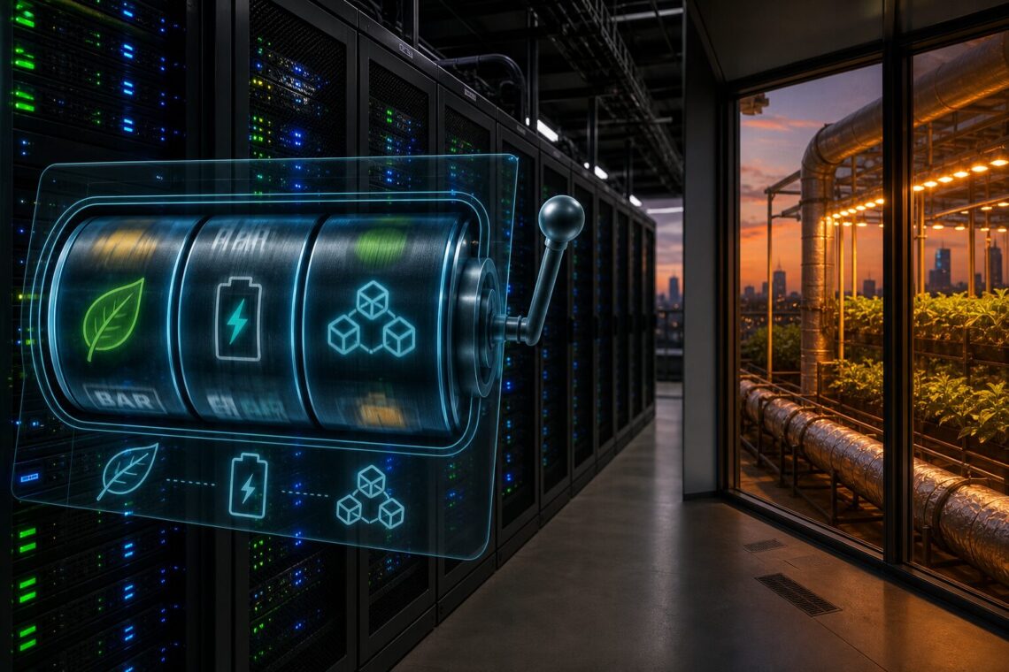 A realistic image of a modern data center rack room at dusk, LED status lights glowing blue and green. In the foreground, a transparent overlay shows a stylized slot machine reel spinning, superimposed with faint icons for a leaf, a battery, and a blockchain symbol. In the background through a window, warm orange light pours into an urban greenhouse where plants grow under LED lamps, hinting that server heat is being piped through insulated ducts. The overall tone mixes high-tech coolness with organic warmth, illustrating the intersection of digital gaming infrastructure and physical sustainability solutions.