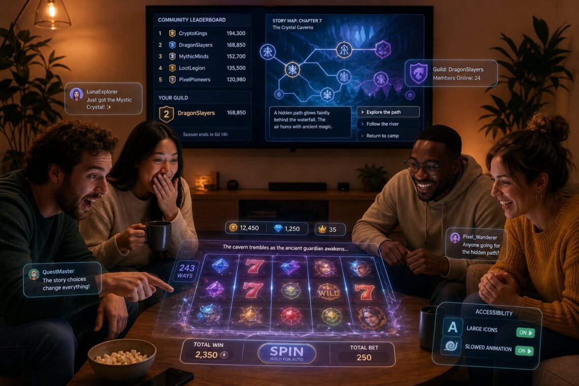 A cozy living room at dusk where friends gather around a coffee table; the table surface shows a semi-transparent augmented reality slot machine with animated reels and narrative panels. Warm ambient lighting reflects off faces as expressions shift between surprise and amusement. Floating UI elements display token balances, guild names, and chat bubbles. In the background, a wall-mounted screen shows a community leaderboard and a procedural story map with branching paths, while a small device in the corner indicates accessibility settings (larger icons and slowed animation). The scene blends physical warmth and digital polish, capturing social, narrative, and tokenized elements of modern online slots.