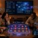 A cozy living room at dusk where friends gather around a coffee table; the table surface shows a semi-transparent augmented reality slot machine with animated reels and narrative panels. Warm ambient lighting reflects off faces as expressions shift between surprise and amusement. Floating UI elements display token balances, guild names, and chat bubbles. In the background, a wall-mounted screen shows a community leaderboard and a procedural story map with branching paths, while a small device in the corner indicates accessibility settings (larger icons and slowed animation). The scene blends physical warmth and digital polish, capturing social, narrative, and tokenized elements of modern online slots.