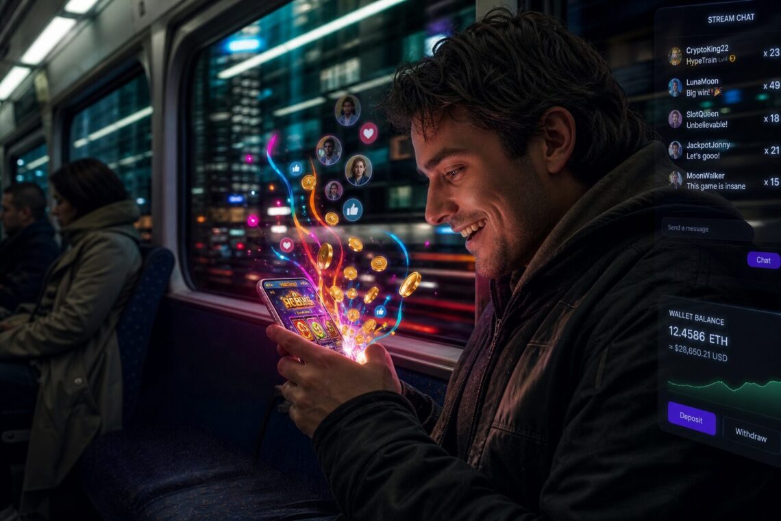 A hyper-realistic scene of a commuter on a late afternoon train, illuminated by the glow of a smartphone displaying a cinematic online slot game. The user’s face lights up mid-spin; colorful ribbons and coin animations spill off the screen as small icons of friends’ reactions float up. In the background, out-of-focus city lights streak by, and a faint overlay of a streaming chat window and a tiny crypto-wallet balance hint at modern payment rails. The palette mixes neon magenta and electric teal against warm skin tones, emphasizing the sensory contrast between the analogue commute and the digital spectacle.