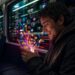 A hyper-realistic scene of a commuter on a late afternoon train, illuminated by the glow of a smartphone displaying a cinematic online slot game. The user’s face lights up mid-spin; colorful ribbons and coin animations spill off the screen as small icons of friends’ reactions float up. In the background, out-of-focus city lights streak by, and a faint overlay of a streaming chat window and a tiny crypto-wallet balance hint at modern payment rails. The palette mixes neon magenta and electric teal against warm skin tones, emphasizing the sensory contrast between the analogue commute and the digital spectacle.