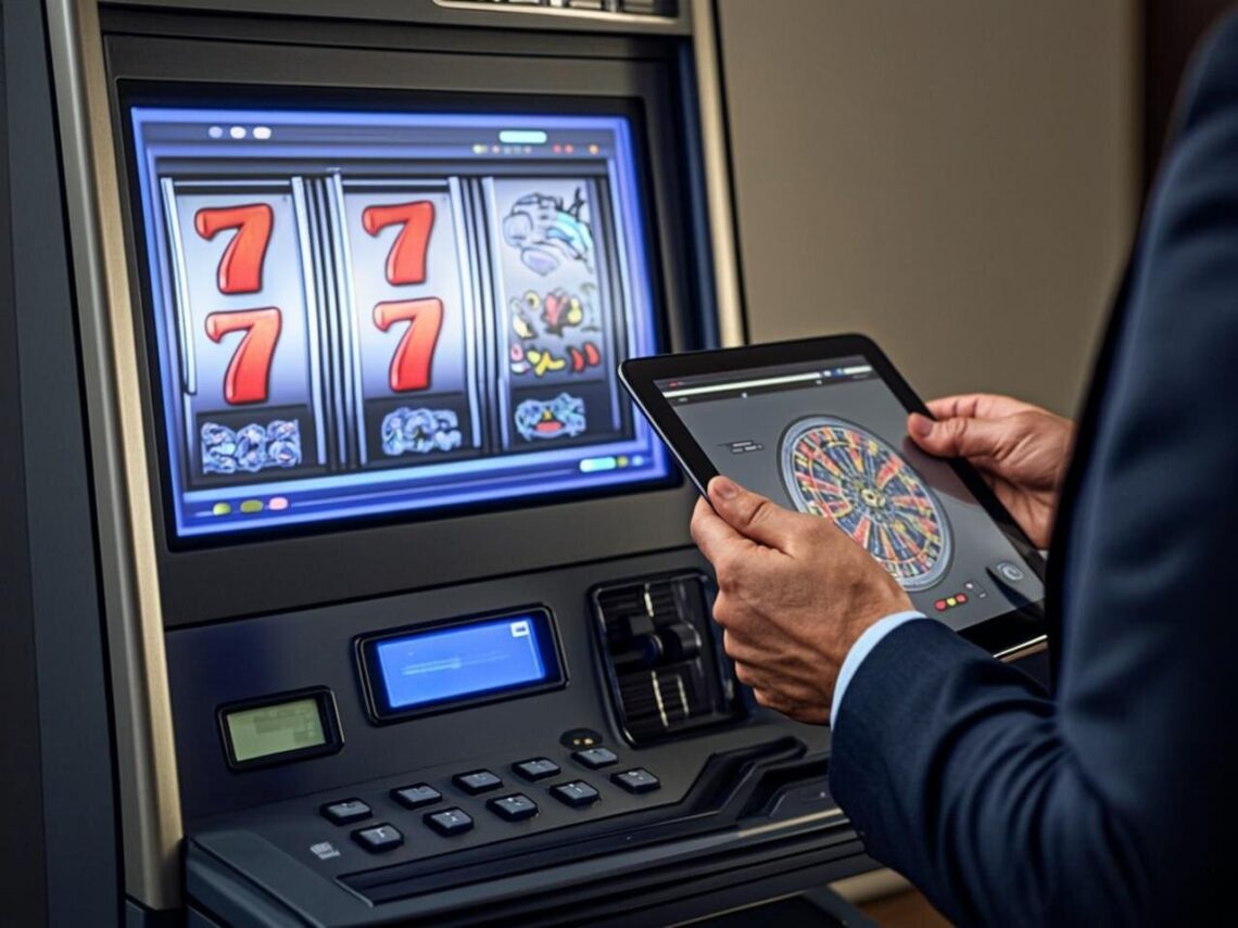 A split-screen composite image showing the unexpected journey of slot mechanics across industries. On the left, a close-up of a glowing online slot machine interface with vibrant reels mid-spin, neon colors reflecting off a dark surface. On the right, three smaller panels arranged vertically: a doctor in a white coat holding a tablet displaying a gamified health app with a spinning reward wheel, a farmer in a sunlit field checking a weathered smartphone showing crop probability reels, and a city planner standing before a large interactive screen with spinning urban planning options. The lighting transitions from the electric blues and golds of the casino aesthetic on the left to warm, natural tones on the right, symbolizing the technology's migration from entertainment to practical application. The overall composition suggests transformation and adaptation.