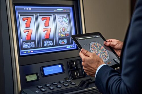 A split-screen composite image showing the unexpected journey of slot mechanics across industries. On the left, a close-up of a glowing online slot machine interface with vibrant reels mid-spin, neon colors reflecting off a dark surface. On the right, three smaller panels arranged vertically: a doctor in a white coat holding a tablet displaying a gamified health app with a spinning reward wheel, a farmer in a sunlit field checking a weathered smartphone showing crop probability reels, and a city planner standing before a large interactive screen with spinning urban planning options. The lighting transitions from the electric blues and golds of the casino aesthetic on the left to warm, natural tones on the right, symbolizing the technology's migration from entertainment to practical application. The overall composition suggests transformation and adaptation.