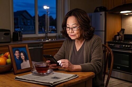 A cinematic, hyper-realistic photograph of a dim kitchen at 3 a.m. A woman in her sixties sits alone at a small wooden table, her face softly lit by the warm glow of a smartphone held in both hands, colorful slot reels faintly reflected in her reading glasses. Beside her: a cooling cup of tea with a spoon resting on the saucer, a folded newspaper, and an old framed photo of a smiling couple propped against the fruit bowl. Through the window behind her, the deep blue-black of a sleeping suburban neighborhood, a single streetlight visible in the distance. The fridge light spills a soft yellow wedge across the linoleum floor. The mood is quiet, intimate, and melancholic — less about gambling and more about solitude, ritual, and memory.