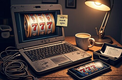 A dimly lit home office at night, shot from a three-quarter angle. At center stage, an elderly laptop with a cracked bezel and a dust-clogged fan vent glows with cartoonishly bright slot reels frozen mid-spin, its screen struggling to render a jackpot animation. A sticky note on the bezel reads 'one more spin' in faded handwriting. Beside it sits a tangled knot of charging cables and a coffee mug stained with years of rings. On the right edge of the desk, a sleek modern smartphone displays a crisp, vivid slot interface in contrast, while a small open toolbox labeled 'hobby maintenance' holds a screwdriver, a microfiber cloth, and a printed checklist. A warm desk lamp casts long amber shadows across the scene, giving the whole tableau the feel of a garage diagnostics photo for a vehicle that has clearly seen better days.