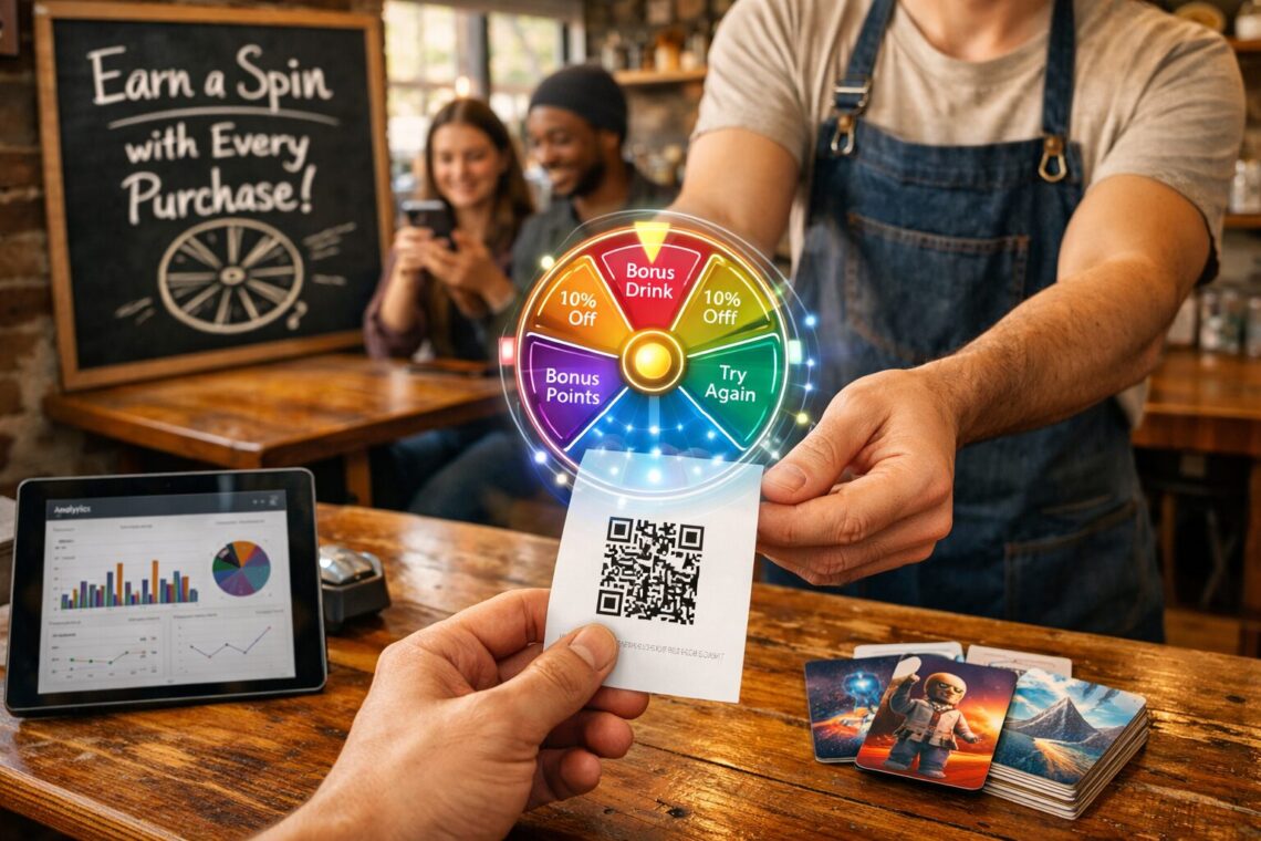 A sunlit indie coffee shop interior with warm wooden tables. On one table, a barista hands a customer a receipt with a QR code; above the QR hovers a translucent digital wheel of fortune graphic visible through augmented-reality glasses. Nearby, a chalkboard reads “Earn a Spin with Every Purchase.” The scene mixes analog friendliness with subtle tech: a tablet displays analytics charts, a small stack of branded collectible cards shows limited-edition designs, and diverse customers smile as they scan to spin. The overall mood is community-driven, modern, and playful.