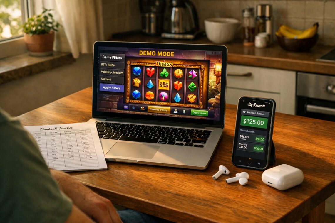 A realistic scene: a person relaxed at a small kitchen table in late afternoon light, laptop open to a colorful slot game screen. Nearby sits a printed bankroll sheet with neat columns, a smartphone showing a casino loyalty dashboard with cashback totals, and a pair of wireless earbuds. The room is tidy—no travel bags, no crowd noise—emphasizing comfort and low effort. The laptop screen shows a demo mode banner and a filter panel listing RTP and volatility, hinting at the efficiency-focused tools the player uses.