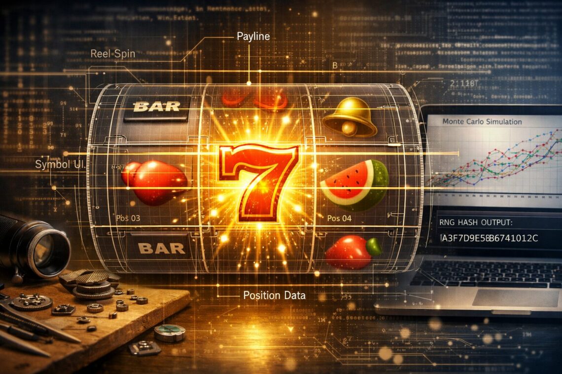 A high-resolution still: a slot game's virtual reel frozen mid-spin, overlaid with a translucent wireframe and schematic annotations. On one side, a watchmaker's bench with tiny gears and a magnifying loupe; on the other, a laptop screen showing Monte Carlo graphs and an RNG hash output. Soft particle effects and golden chimes radiate from the center symbol, while faint code and circuit traces blend into the background—conveying the intersection of artisanal design and rigorous engineering.